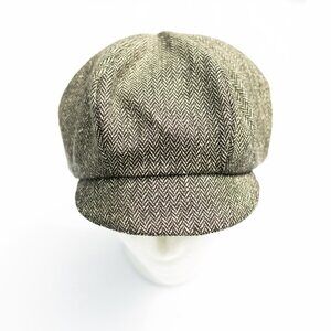 Black Wool Herringbone Newsboy Cap Paperboy Cabbie Hat